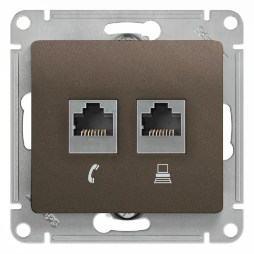 Розетка с/у GLOSSA RJ11+RJ45 2м шоколад механизм кат.5E (телеф.+комп.) (упак-5шт) SchE                                        