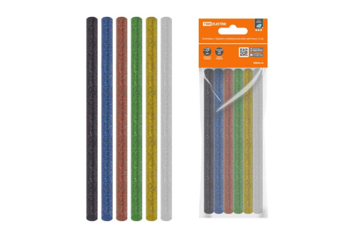 Клеевые стержни универсальные цветные с блестками, 11 мм x 100 мм, набор 6 шт, "Алмаз" TDM                                        