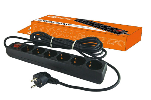 Сетевой фильтр СФ-06В выключатель, 6 гнезд, 5 метров, с заземлением, ПВС 3х1мм2 16А/250В ТДМ                                        