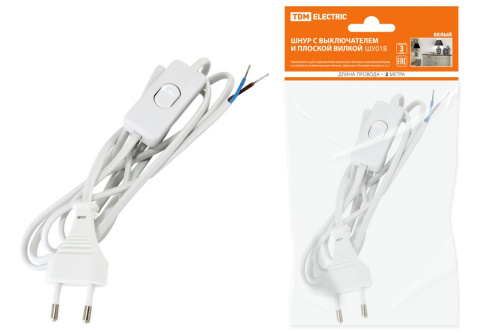 Шнур с выключателем и плоской вилкой ШУ01В ШВВП 2х0,75мм2 2м. белый ТДМ                                        