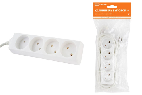 Удлинитель бытовой  У4  4 гнезда, 1,5метра, б/з, ПВС 2х0,75мм2  10А/250В ТДМ заменаSQ1303-1205                                        