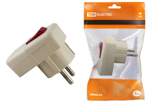 Вилка угловая с выключателем 16А 250В с/з белая ТДМ                                        