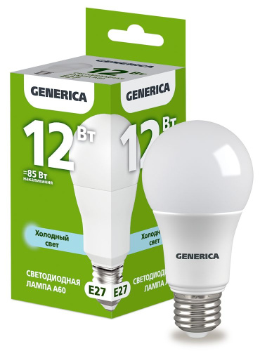 Лампа светодиодная  12Вт E27 A60 6500К (упак-100шт) GENERICA                                        