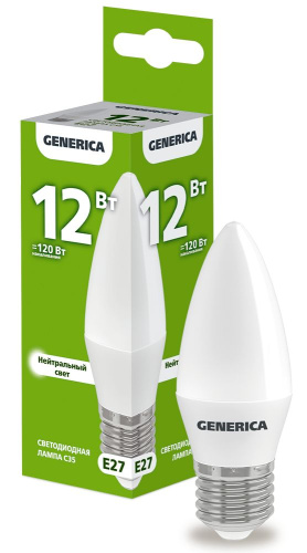 Лампа светодиодная  12Вт E27 C35 4000К свеча (упак-100шт) GENERICA                                        