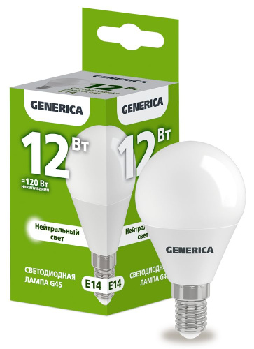 Лампа светодиодная  12Вт E14 G45 4000К шар (упак-100шт) GENERICA                                        