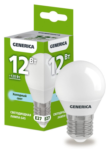 Лампа светодиодная  12Вт E27 G45 6500К шар (упак-100шт) GENERICA                                        