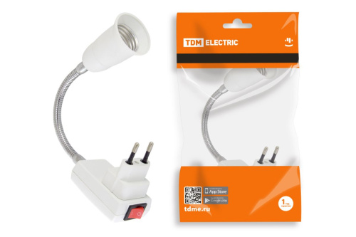 Переходник вилка-Е27 гибкий 150мм с выключателем, белый, ТДМ                                        