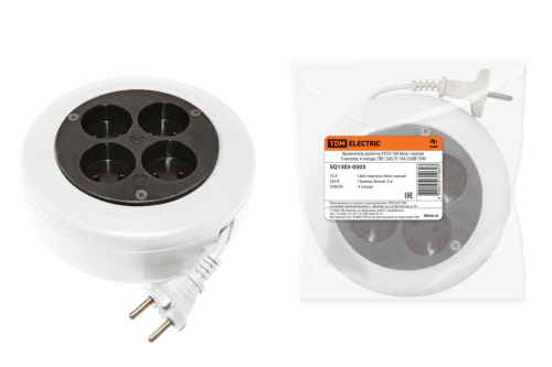 Удлинитель-рулетка УХ10-104 бело-черная 5 метров, 4 гнезда, ПВС 2х0,75 10А/250В ТДМ                                        