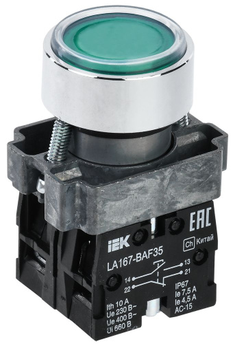 Кнопка LA167-BAF35 d=22мм 1NO+1NC зеленая IEK                                        