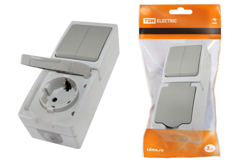 Блок комбинированный (вертикальный) выключатель 2-кл. + розетка 2П+З с з/ш БКВР IP54 "Вуокса" ТДМ                                        