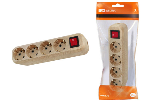 Колодка розеточная 4 гнезда 2П+3 с выключателем16А 250В "Эко" (сосна) ТДМ                                        