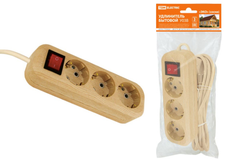 Удлинитель бытовой  У03В выключатель, 3 гнезда, 3метра,2П+3, ПВС 3х1мм2 "Эко" (сосна) 16А/250В ТДМ                                        