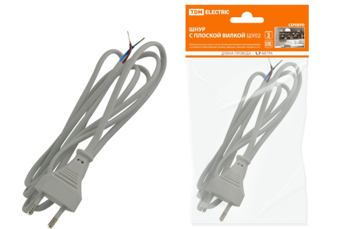 Шнур с плоской вилкой ШУ02 ШВВП 2х0,75мм2 1,7 м. серебр. металлик ТДМ                                        