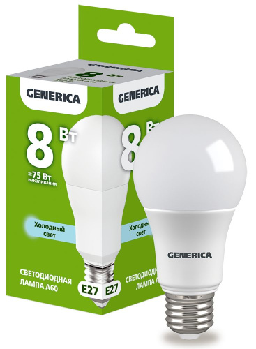 Лампа светодиодная   8Вт E27 A60 6500К (упак-100шт) GENERICA                                        