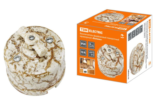 Выключатель фарфоровый поворотный с ручкой (бантик) 10А мраморный «Болонь» ТДМ                                        